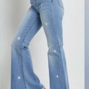 Mica Daisy Embroidered High Rise Super Flare Jeans fringe hem size 26 med blue